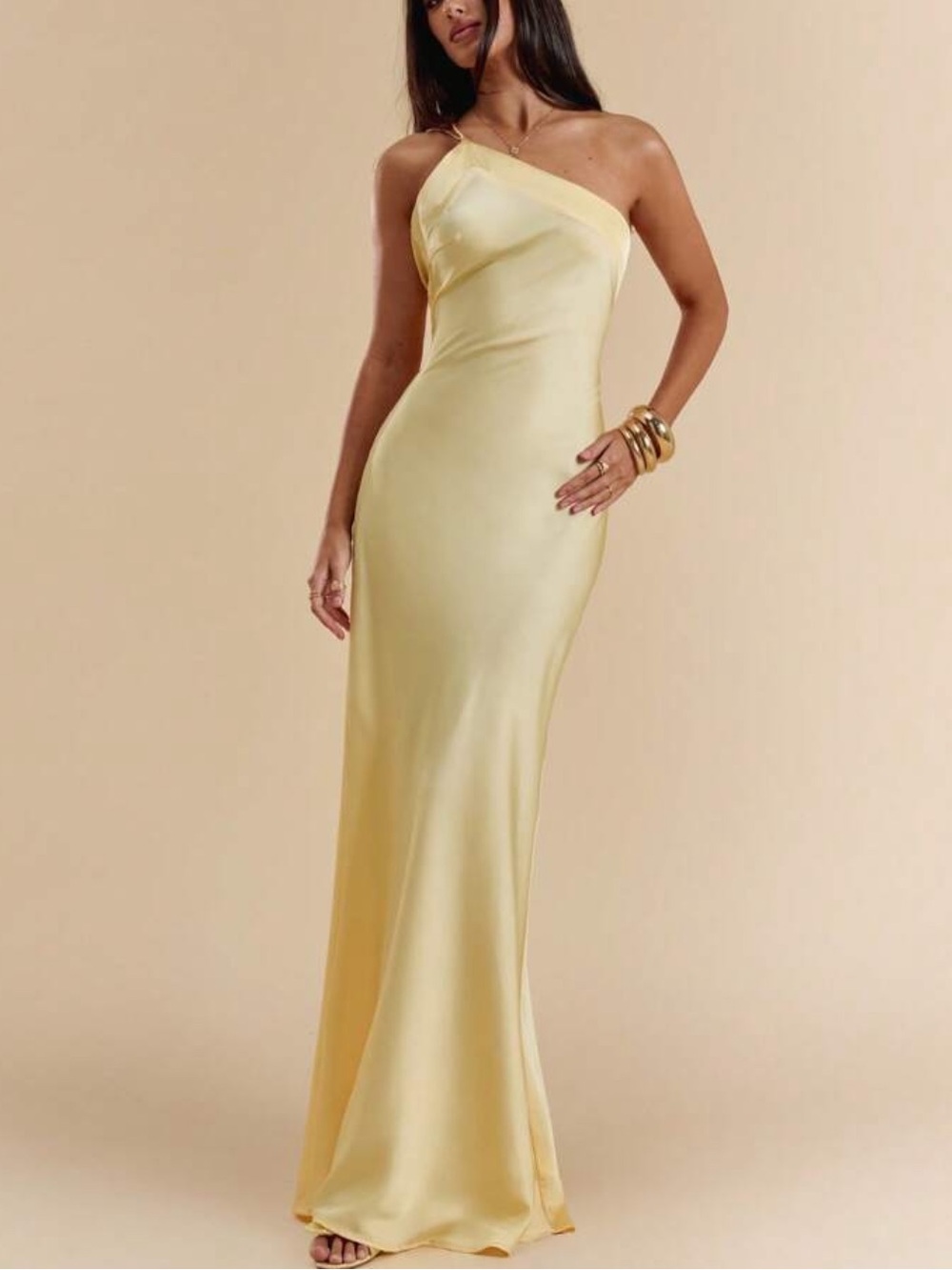 Yellow One-Shoulder Satin Evening Gown